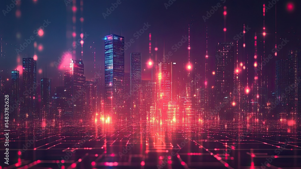 Poster futuristic cityscape with glowing lights and grid patterns creating a digital urban landscape view
