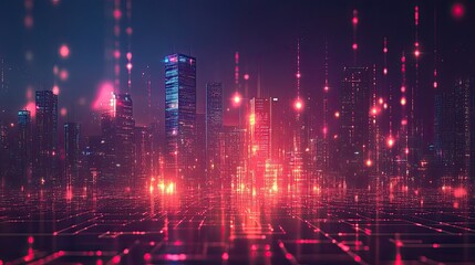 Futuristic cityscape with glowing lights and grid patterns creating a digital urban landscape view