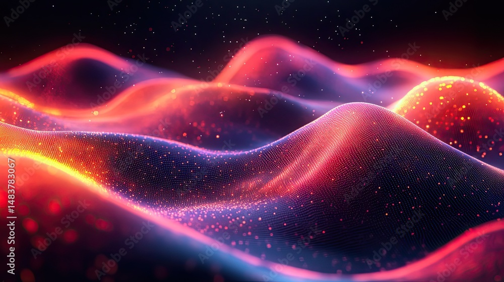 Poster abstract landscape with glowing particles and wavy forms in red and purple color scheme on dark back
