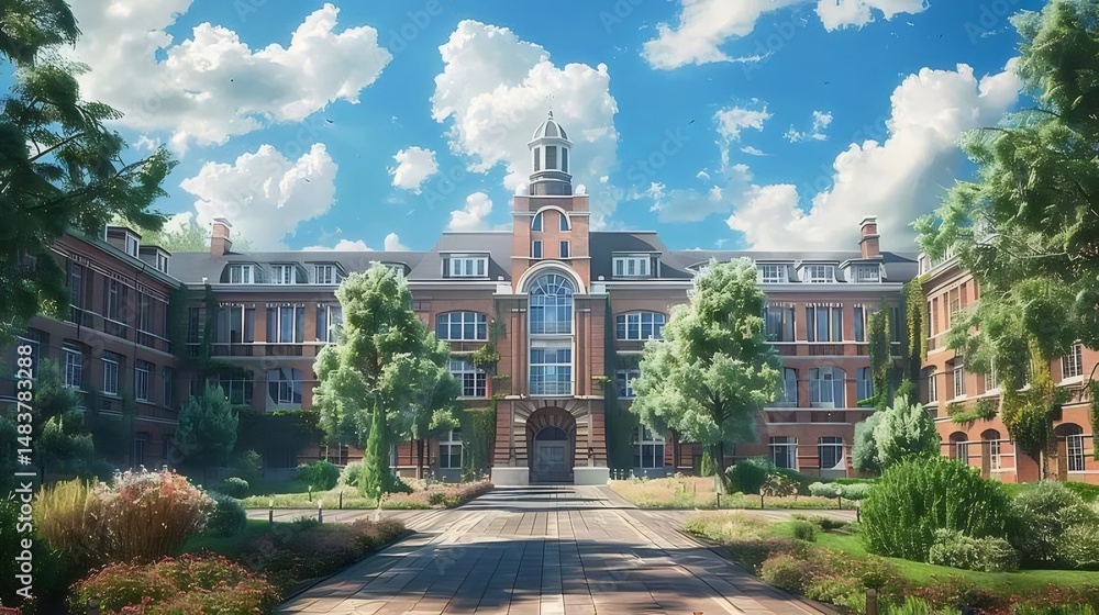 Poster 晴れた日のレンガ造りの大学本館と緑豊かなキャンパスの景観 青い空と白い雲のある屋外の学術的建造物
