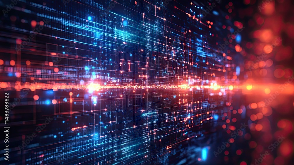 Poster abstract digital network background with blue and red glowing light effects and data streams