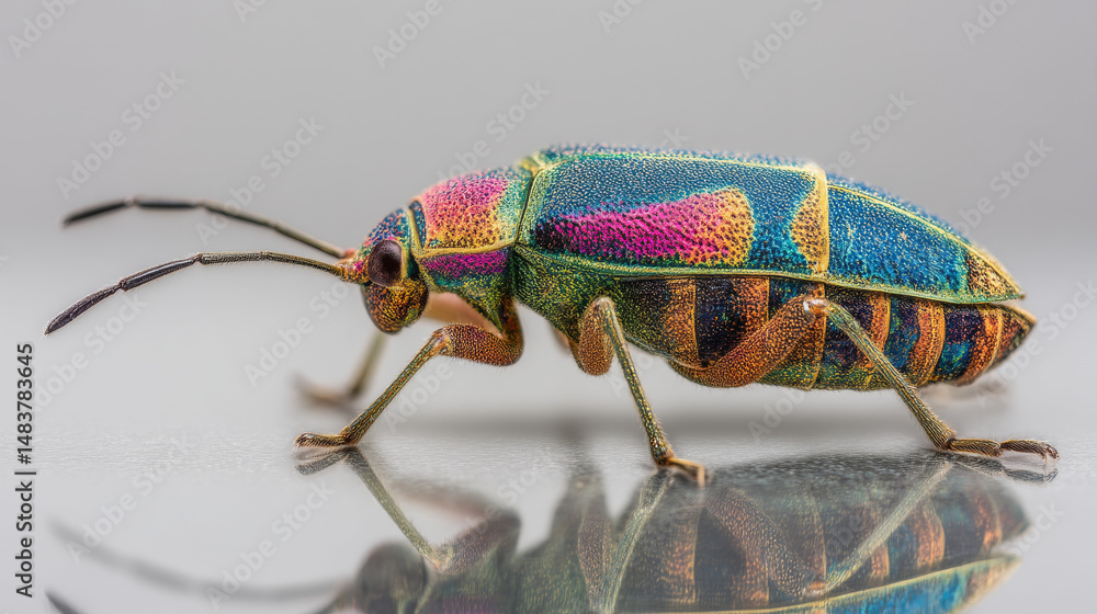 Poster a vibrant and colorful insect showcasing vivid patterns and textures.