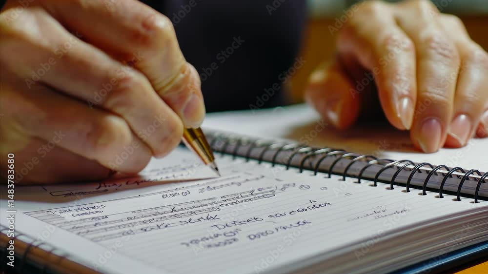 Poster a person is writing in a notebook with a pen. the writing appears to be a list or a to-do list. the 