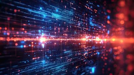 Abstract digital network background with blue and red glowing light effects and data streams