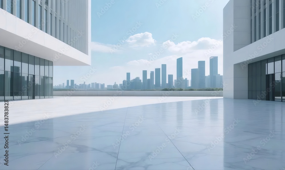 Aufkleber 青空の下の白い現代建築都市景観 テラスからの都市の眺めと高層ビルのスカイライン ビジネスデザインと建設を示すミニマリズム