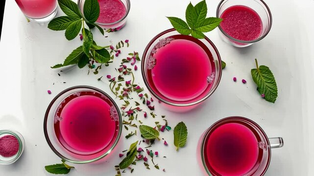 A close up of four cups of pink tea with mint leaves on the table. The cups are arranged in a row and the table is white