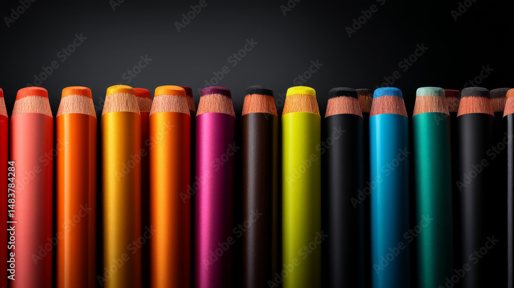 Poster a vibrant array of colored pencils arranged neatly against a dark background.