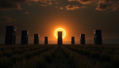 Mystical monoliths with solar eclipse in grassy field at dusk