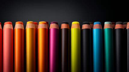 A vibrant array of colored pencils arranged neatly against a dark background.