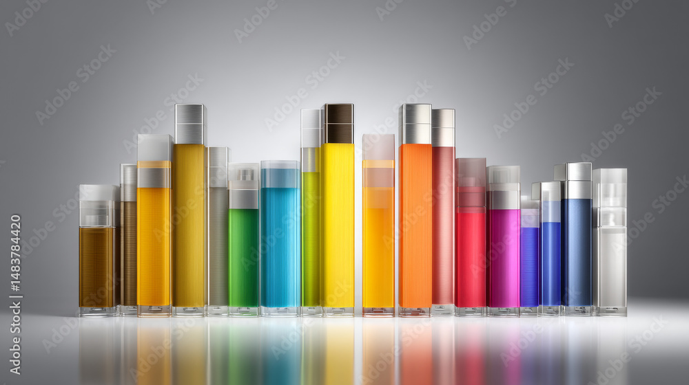 Poster a vibrant array of colorful beverage bottles lined up on a sleek surface.
