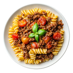 fussili pasta with beef ragout on minimalist plate
