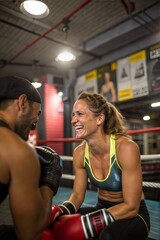 Fototapeta premium Happy Athletic Woman with Boxing Instructor During Break 