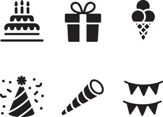 Birthday party icons set, cake, gift box, ice cream, party hat, noise maker, bunting banner