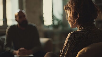 Woman in therapy session, sharing thoughts with therapist, in a warmly lit room, promoting mental wellness and emotional healing.