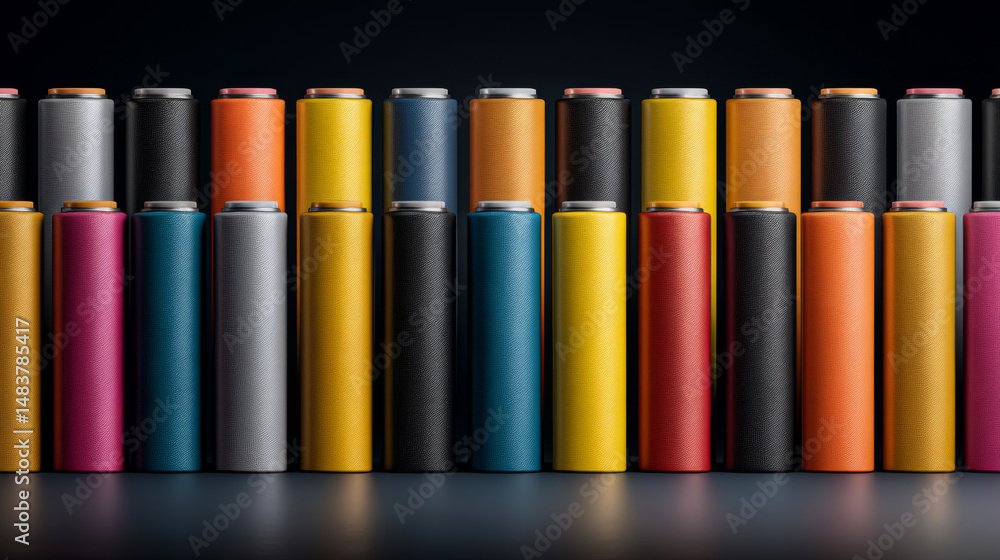 Poster a vibrant collection of colorful spools arranged uniformly in a dark environment.