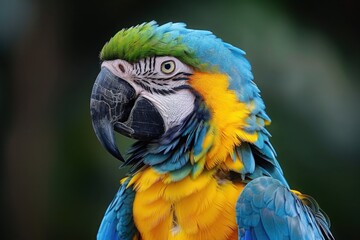 close up portrait of colorful blue and yellow macaw parrot