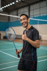 Smiling male badminton player holding racket and showing thumbs up