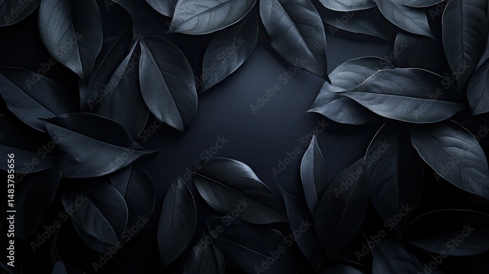 Poster a dark and moody arrangement of leaves creating a natural frame on a dark background surface