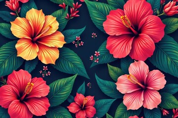 Obraz premium Bold, large-scale hibiscus blooms in a vibrant tropical pattern , jungle, bloom