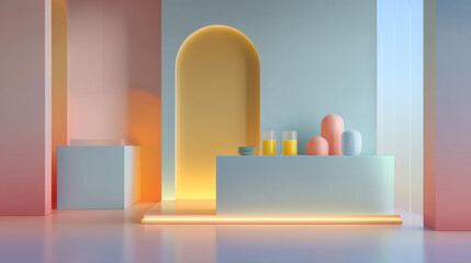 A vibrant, modern interior featuring colorful decor and abstract shapes.
