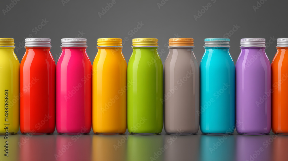 Aufkleber a vibrant display of colorful beverage bottles arranged in a row on a gray background.