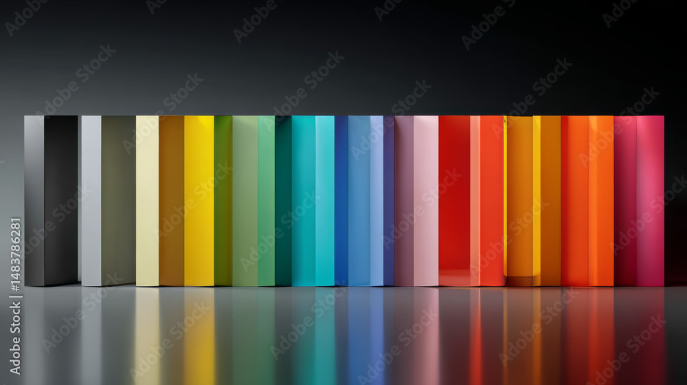 Poster a vibrant display of colorful rectangular objects reflecting light beautifully.