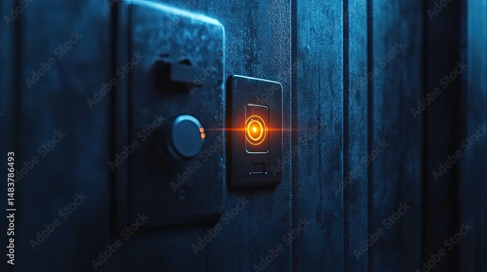 Poster close up of a dark wall with a light switch and a dimmer knob glowing in a dark room setting
