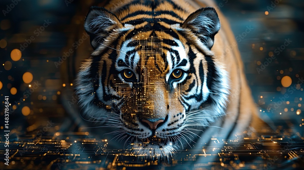 Poster a tiger with circuit board patterns on its face and body in a dark digital environment art