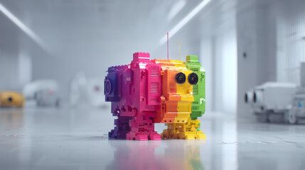 Obraz premium A vibrant, colorful robot model showcasing innovation and creativity in design.