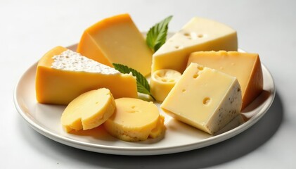 Elegant cheese plate, various cheeses, white backdrop , dairy, luxury