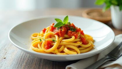 Elegant pasta dish, vibrant sauce, clean backdrop , photography, pepper