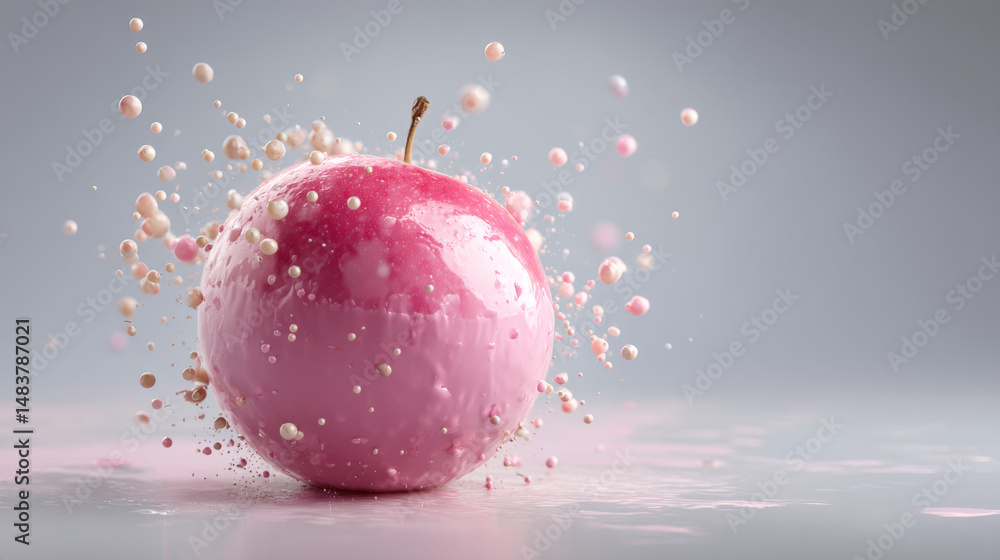 Poster a vibrant pink apple splashes colorful droplets, creating a dynamic and fresh scene.