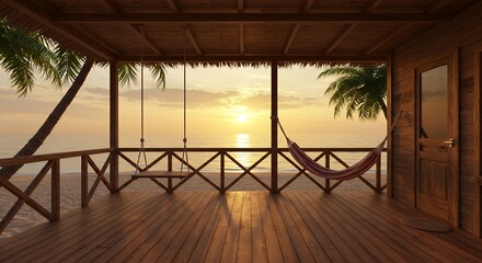 Fototapeta premium Wooden beachfront deck at sunset