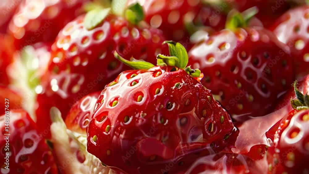 Poster a close up of a bunch of red strawberries with a shiny glaze on them. the strawberries are arranged 
