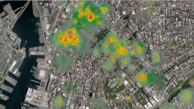 A birdseye view of a metropolitan area with a layered heat map of detected rat densities versus ultrasonic coverage areas emphasizing correlations between urban infrastructure and pest