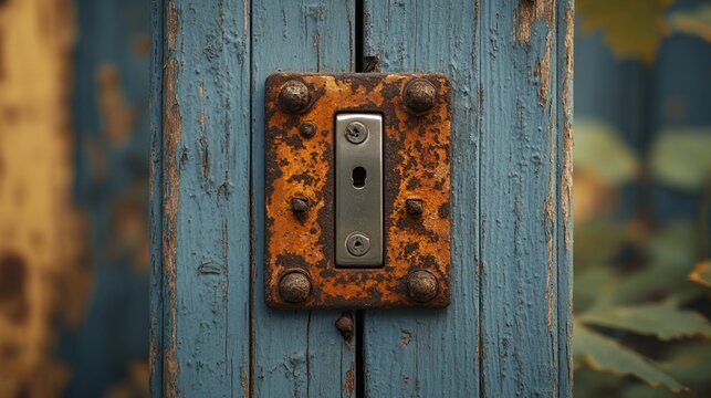 Rusted lock on weathered fence