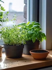 Herb Plants in Pots on a Windowsill