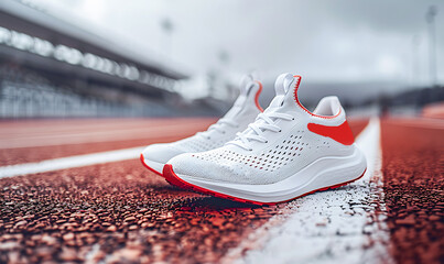 Close-up of a modern pair of white and red running shoes on the red surface of an outdoor running track with space for text.


