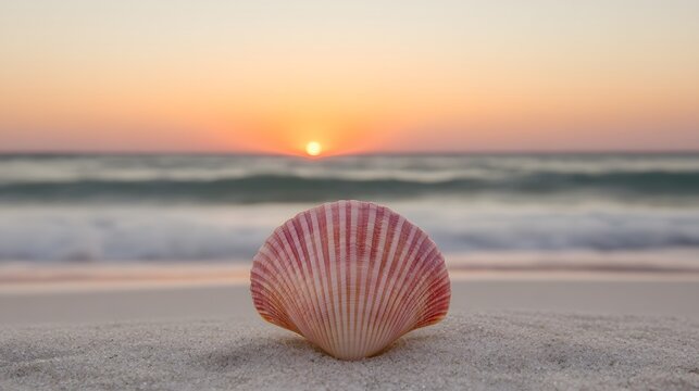 Seashell on Beach at Sunset, Ocean Sunrise, Coastal Scene