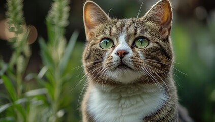 Close-up of a tabby cat with green eyes in an outdoor setting