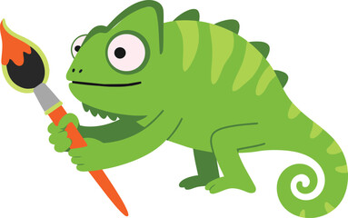 Obraz premium Green chameleon holding paintbrush with flame tip colorful vector illustration creative animal painting concept 