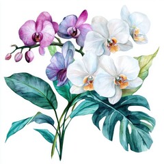 Vibrant orchid bouquet with tropical leaves.  Delicate blossoms in shades of pink, purple, and white,  accentuated by lush green foliage