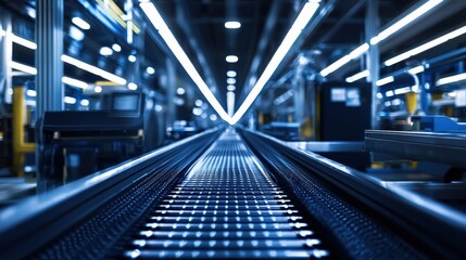 Fototapeta premium Conveyor belts extend into the distance within a spacious manufacturing facility. Bright overhead lights illuminate the workspace, highlighting the efficient production environment