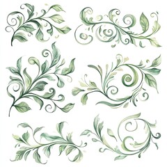 Delicate botanical design elements. Six illustrations of stylized leaves, branches, and scrolls in muted greens and cream.  Intricate patterns and textures create a natural, flowing aesthetic