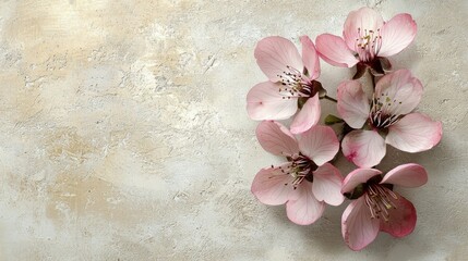 Soft pink cherry blossoms are artfully arranged against a subtle beige textured background, showcasing their delicate beauty and intricate details, creating a tranquil atmosphere