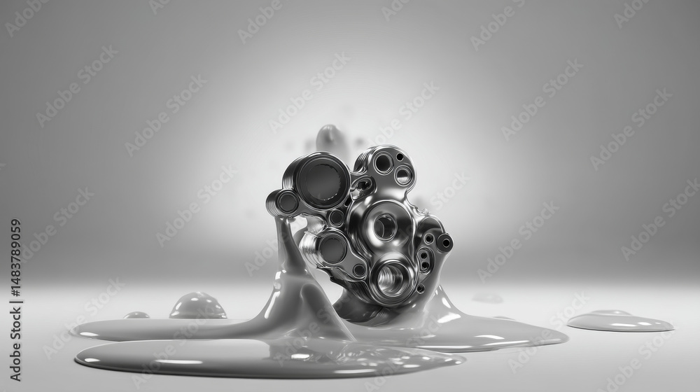 Poster abstract metallic shapes emerge from fluid, creating a surreal visual experience.