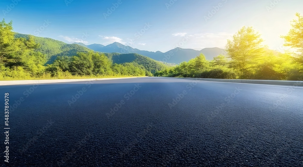 Aufkleber 青空の下の山道 風光明媚な森林に囲まれたアスファルト道路と輝く太陽光