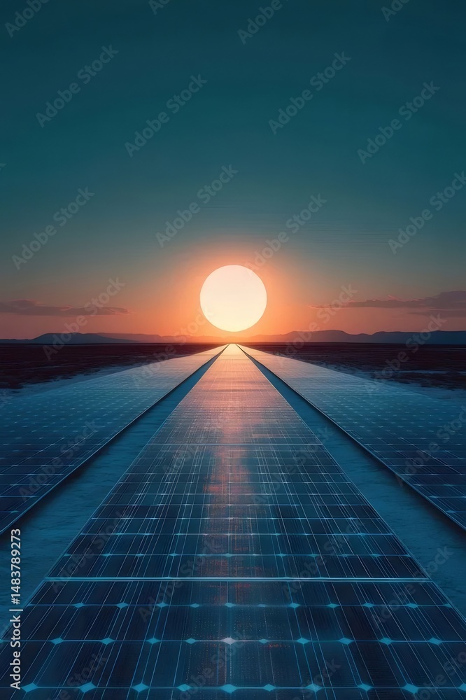 Aufkleber テクノロジー主導の未来的な太陽光発電パネルの日没時の空の反射光