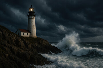 Obraz premium Lighthouse standing tall on rocky shoreline under stormy sky.