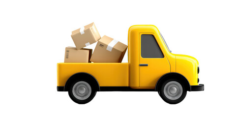 Yellow cartoon pickup truck carrying cardboard boxes isolated on transparent background